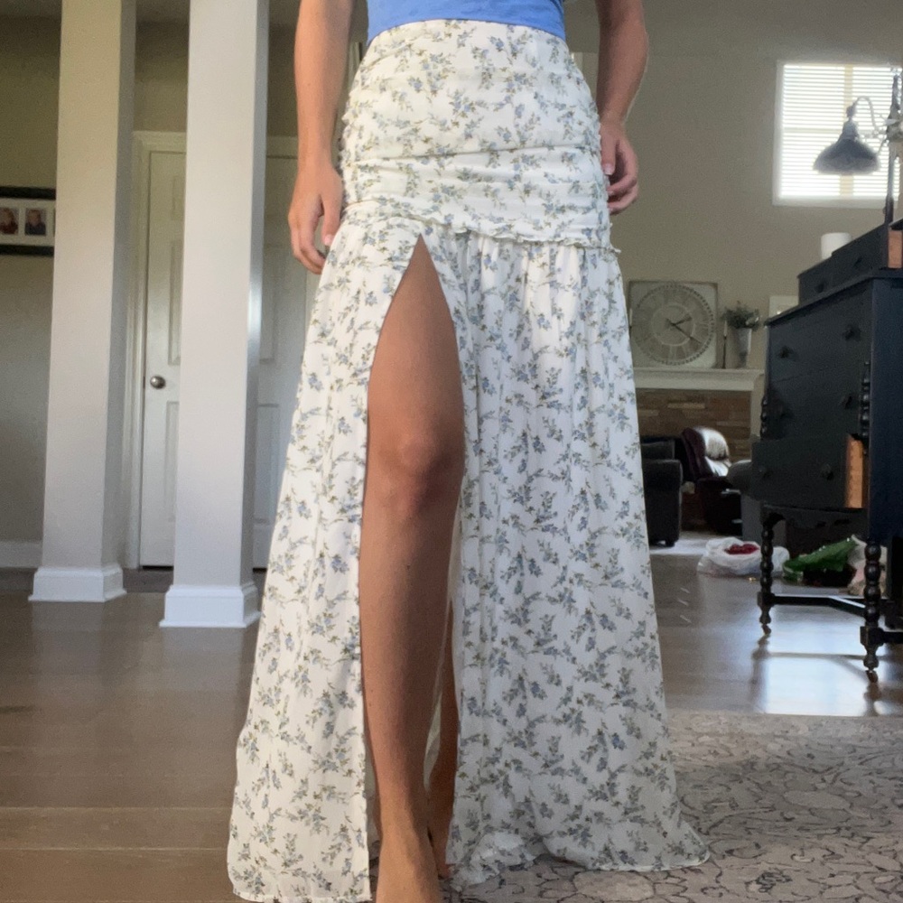 Hello Molly Cream Maxi Skirt with Green Floral Print and Front Slit